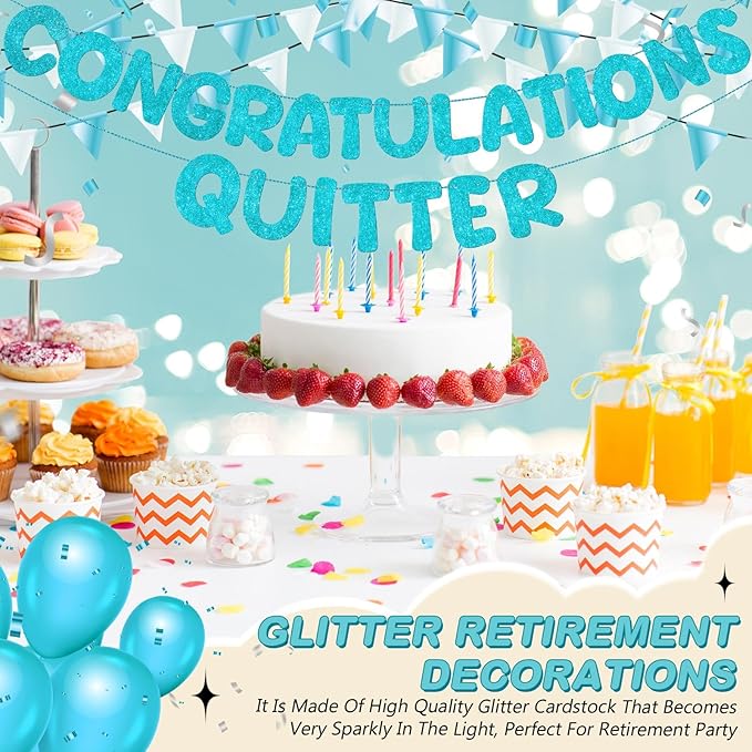 Fulmoon Pre Strung Congratulations Quitter Glitter Banner Funny Retirement Banner Graduation Party Decorations Going Away Supplies Garland for Men Women Gifts, No DIY(Sky Blue)