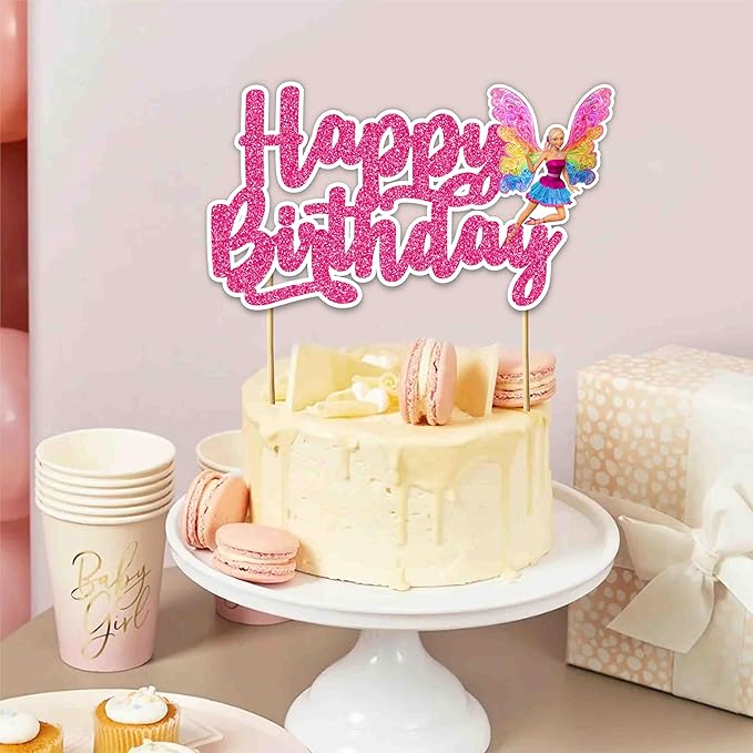 Barbe Happy Birthday Cake Topper - Glam Fashion Doll Theme Design, Stylish Pink Party Cake Decoration for Birthday Celebration, Trendy Dessert Table Display, Photo Prop, Cake Centerpiece