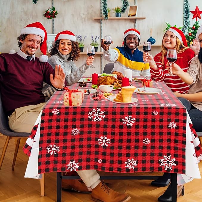 3PCS Christmas Tablecloth, Red and Black Buffalo Plaid Rectangular Plastic Christmas Tablecloth, Winter Snowflake and Reindeer Disposable Waterproof Table Cover for Party Dinner Decor, 51.2x 86.6inch