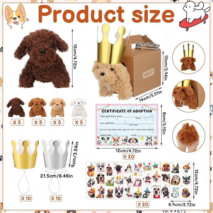 100 Pcs Adopt A Puppy Party Favors, Include 20 Foldable Puppy Boxes 20 Mini Stuffed Dogs 20 Birthday Hats 20 Greeting Cards 20 Stickers for Adopt A Dog Party