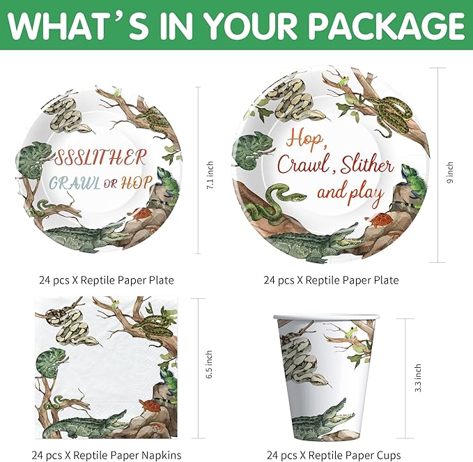 Reptile Birthday Party Supplies - Reptile Party Decorations, Plate, Cup, Napkin, Tablecloth, Tableware, Jungle Swamp Animal Lizard Snake Turtle Alligator Theme Party Decorations | Serve 24