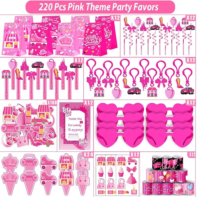 220PCS Pink Party Favors Kit for Girls – Birthday Supplies Includes Glasses, Straws, Bubble Wands, Treat Bags & More – Perfect for Party Decorations & Pinata Fillers