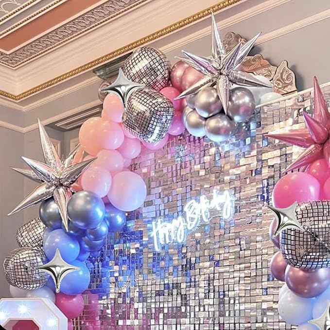 Silver Star Foil Balloons Kit with 6 Pack 12 Point Star Balloons Starburst Cone Balloons Spike Balloons and 10Pcs Four Pointed Star Balloos for Wedding Baby Shower Photo Booth Birthday Party Supplies