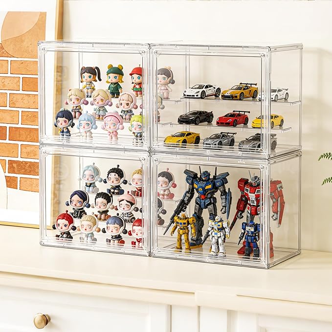 Acrylic Display Case, Clear Display Case Adjustable Display Box Stand with 2 Movable Dividers, Small Showcase Magnetic Door for Collections