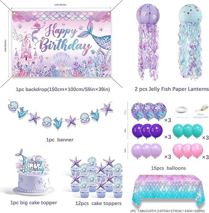 Mermaid Birthday Decorations For Women,Colorful Jellyfish Lanterns,Happy Birthday Backdrop,Banner Balloons,Table Cloth,Paper pom poms Party Supplies for Girls