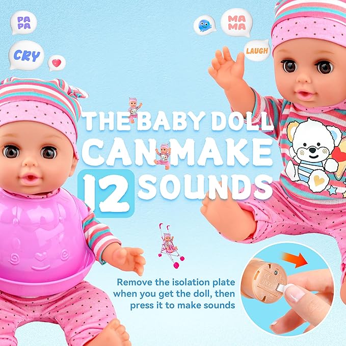 SMILESSKIDDO Baby Doll with Stroller, 14'' Soft Body Dolls with Accessories Includes Foldable Cart, Feeding Playset, Babydoll Pretend Play Toddler Toys Gifts for 1 2 3 4 Year Old