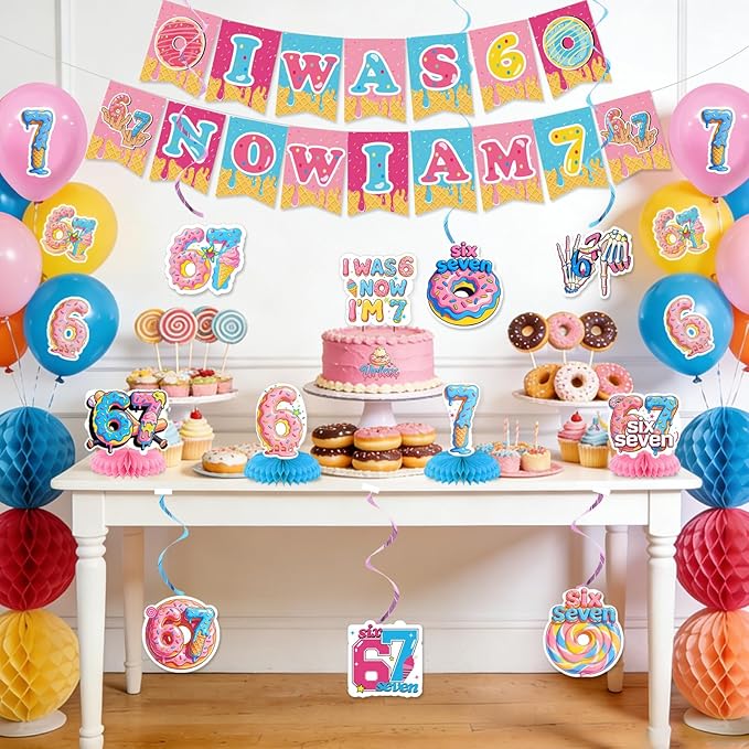 6 7 Birthday Party Decoration Set Funny 6 7 Meme Donut Theme Decor with Hanging Swirls Honeycomb Centerpieces I Was 6 Now I'm 7 Banner Cake Topper Blue and Pink Six Seven Party Supplies