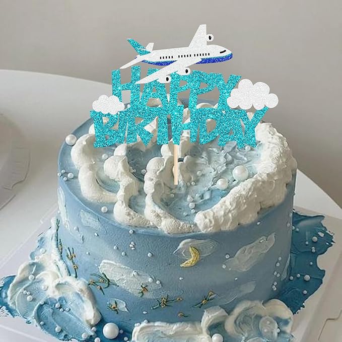 1 Pack Airplane Birthday Cake Topper Blue Airplane Happy Birthday Cake Pick Decoration for Plane Travel Airman Theme birthday baby shower Boys Girls Kids Cake Decorations Supplies