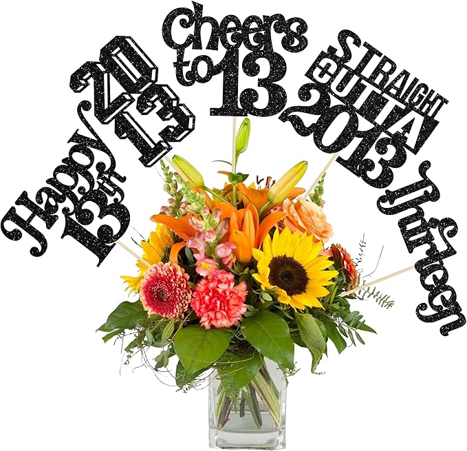 Gyufise 15Pcs Happy 13th Birthday Centerpiece Sticks Thirteen Straight Outta 2013 Table Flower Centerpieces Sticks Lfor Cheers to 13 Birthday Party Supplies Black