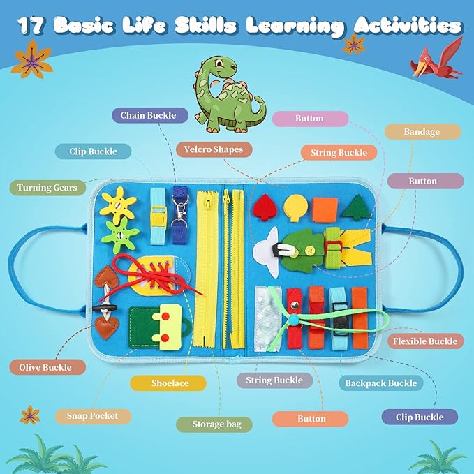 Toddler Busy Board Montessori Toys - Sensory Busy Book for Toddlers 1-3, Dinosaur Learning Activity for Fine Motor Skills, Airplane Car Travel Toy, Birthday Gift for 1 2 3 Year Old Boy Girl