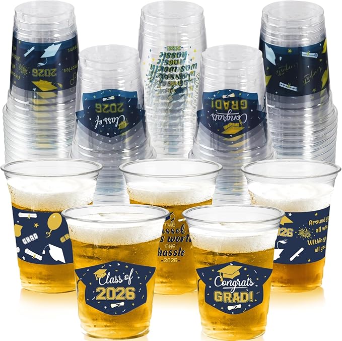 GuassLee Navy Blue and Gold Graduation Decorations Class of 2026, 50 Pack 12 oz Graduation Plastic Disposable Cups for Drinks 2026 School Grad Party Favors Supplies