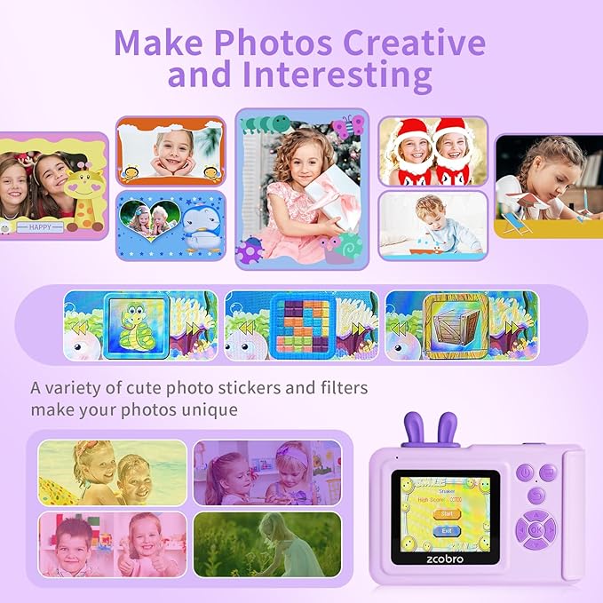 Kids Camera Instant Print Camera for Kids 1080P Toddler Camera That Print Photos Children Instant Cameras Toy for Girls Boys Age 3-12 Travel Kid Digital Camera Christmas Birthday Gifts (Purple)
