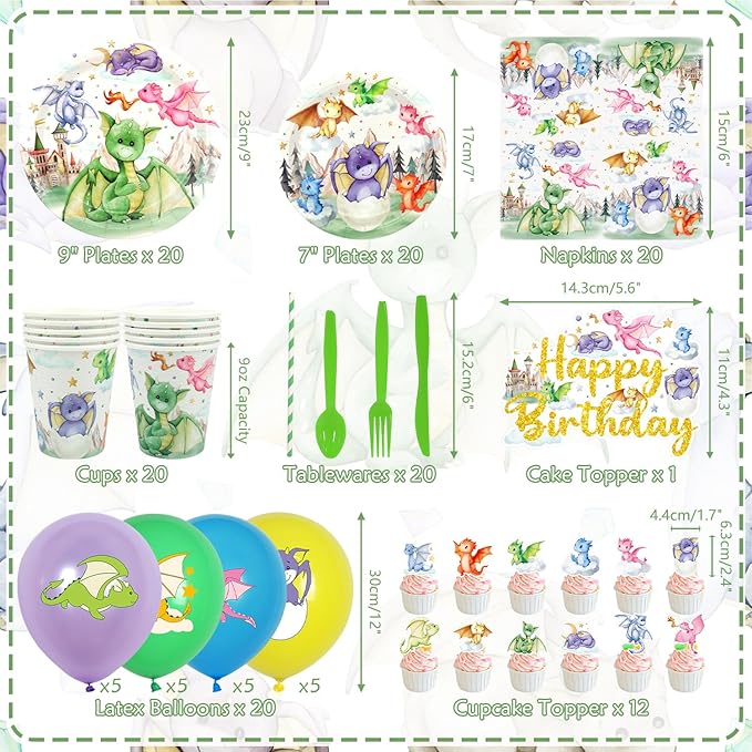 Dragon Party Supplies, Including Happy Birthday Banner, Plates,Cups, Napkins, Tablecloth, Balloons, Straws, for Dragon Theme Boy Girl Birthday Party Decorations Serves 20 Guest