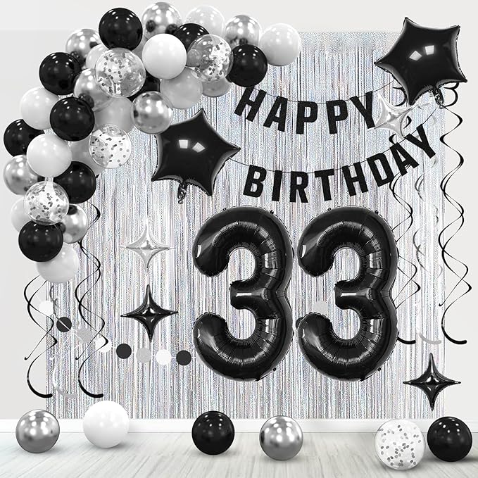 33th Birthday Decorations for Men Women- Black Silver Happy 33th Birthday Party Decor With Banner Backdrop,Number 33 Foil Balloon -Black White Balloons Garland Arch Kit for 33 Years Old