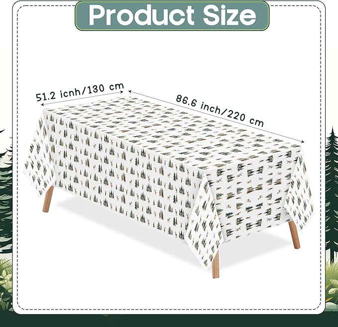 Winter Deer Table Cover - 3Pcs Watercolor Forest Flower Deer Pine Tree Disposable Plastic Rectangle Pack Merry Christmas Xmas Table Cloth Baby Shower Holiday Party Decor Decoration Supplies