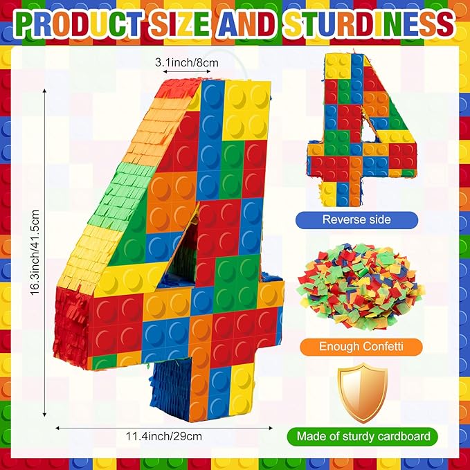 Number 4 Building Blocks Piñata 16.5 Inch Party Supplies Birthday Party Decorations Piñata with Confetti Blocks Theme Fiesta Anniversary Celebration