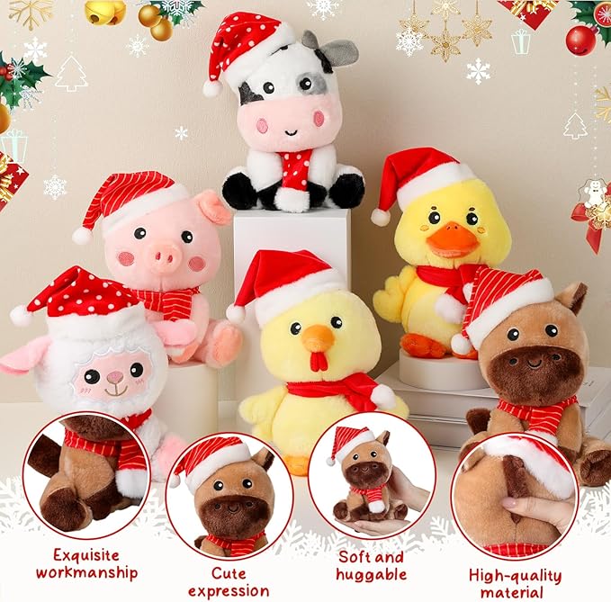 6 Pcs 7 Inch Large Farm Animals Bulk with Red Hat & Scarf Horse Sheep Cow Duck Chick Pig Stuffed Animals Toys for Woodland Baby Showers Party Decor Birthday Gifts Classroom Prize