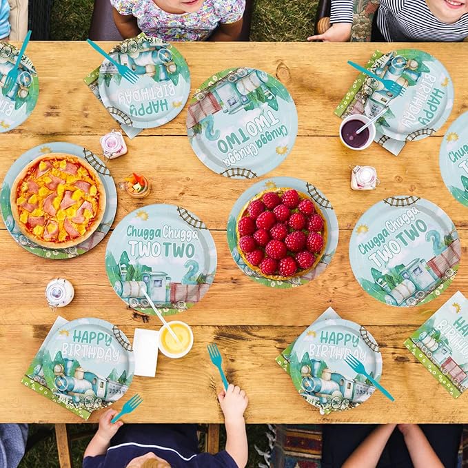96 Pcs Chugga Chugga Two Two Birthday Decorations Disposable Blue Train 2nd Paper Plates and Napkins Transportation Choo Choo I'm 2 Tableware Set for Boy 2 Year Old Birthday Party Supplies Serves 24