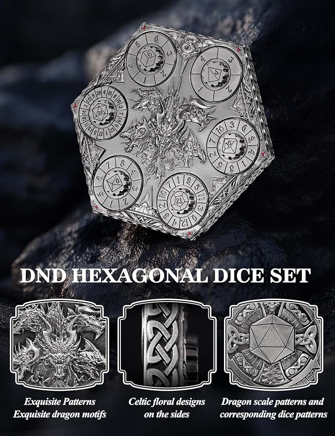 D&D Dice Set,7PCS Metal Dice for Dungeons and Dragons,Mini Dice Set with Pocket Watch Case,Role Playing Board Games Accessories (Dragon, Ancient Silver-S)