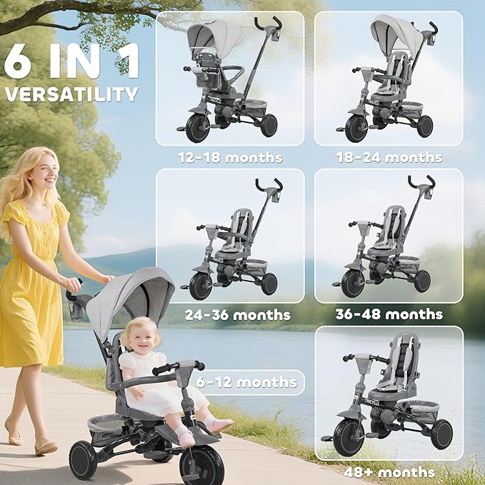 Qaba Kids Tricycle, 6 in 1 Foldable Baby Trike with Adjustable Push Handle, Tricycle Stroller with Removable Canopy, Reversible Seat, Safety Harness, Detachable Guardrail, Storage for 1-5 Years, Gray