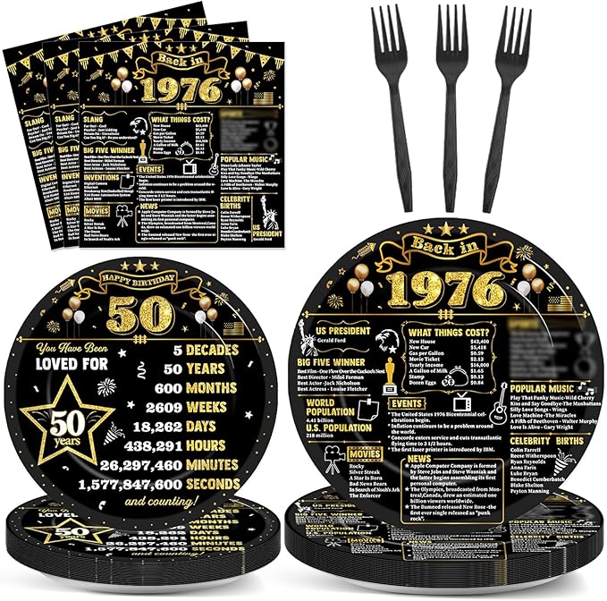 CHUNNIN 96Pcs 50th Birthday Plates and Napkins Back in 1976 Party Decorations Black Gold 50 Year Old Party Dessert Plates 1976 Disposable Tableware for 50th Theme Men Woman Birthday Supplies