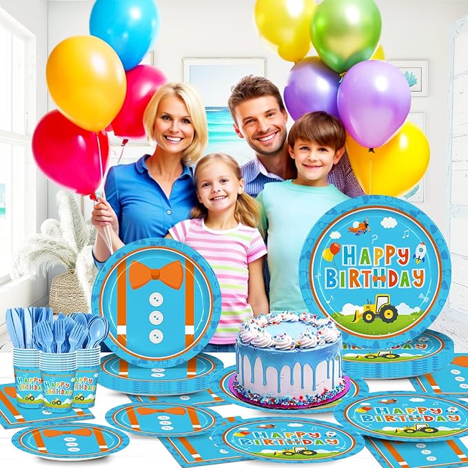 168pcs Blue Birthday Party Supplies Orange Plates Napkins Paper Cups Blue Forks Boys Cartoon Birthday Party Decorations Disposable Tableware Set Serve 24