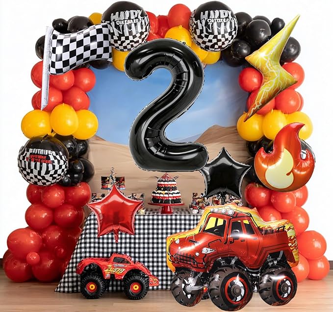 Truck Number 2 Balloons, Huge Truck Flags Lightning Flame Stars Aluminum Foil Balloons for 2nd Birthday, Race Car Theme Party Decorations Supplies