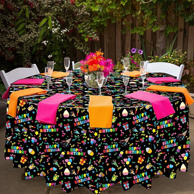 Oudain 3 Pcs Happy Birthday Tablecloth Decorations 84 Inch Plastic Disposable Round Table Covers Waterproof Colorful Balloons Confetti Tablecloth for Women Birthday Party Supplies Baby Shower(Black)