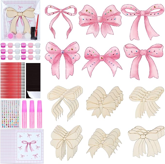 24 Sets Pink Bow Party Favors, DIY Wooden Bows Painting Crafts Kit with Magnets, Coquette Bow Birthday Decorations, Pink Bows Birthday Party Supplies Gifts Goodie Bags Stuffers Prizes