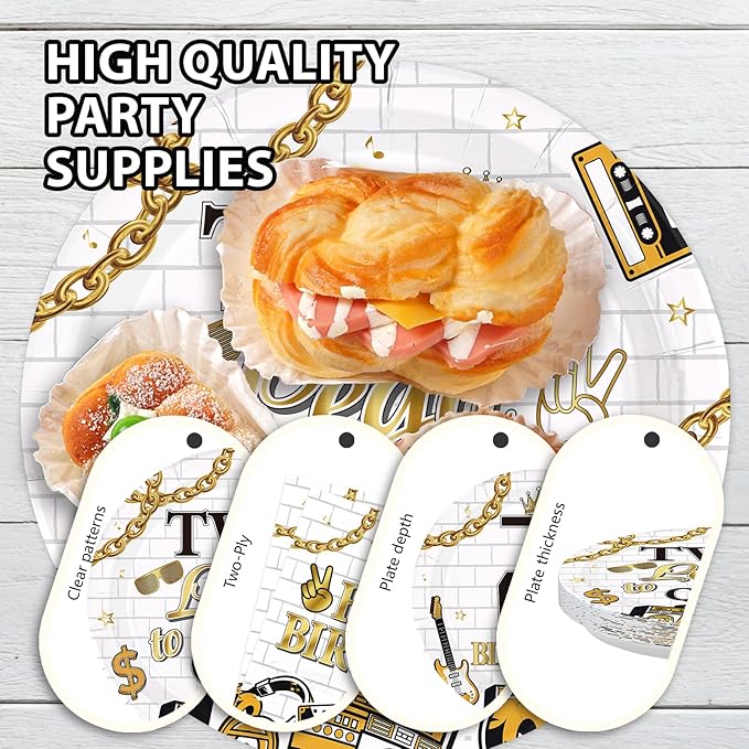 96Pcs Two Legit Quit Birthday Decorations Hip Hop 2nd Birthday Plates and Napkins Gold Black Rapper Theme Decorations for Kids Retro 90s Hiphop Two Years Old Bday Party Supplies Serves 24