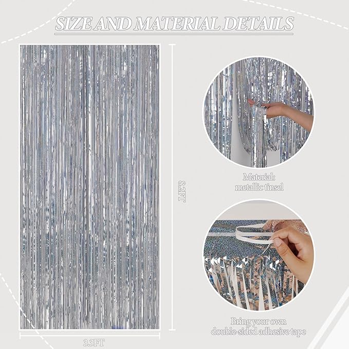 3 Pack Foil Fringe Backdrop - Laser Silver Shiny Tinsel Curtains for Party Decoration/Photo Booth Props - 3.3x8.2 FT Metallic Foil Backdrop for Birthday, Wedding, Graduation, Christmas.