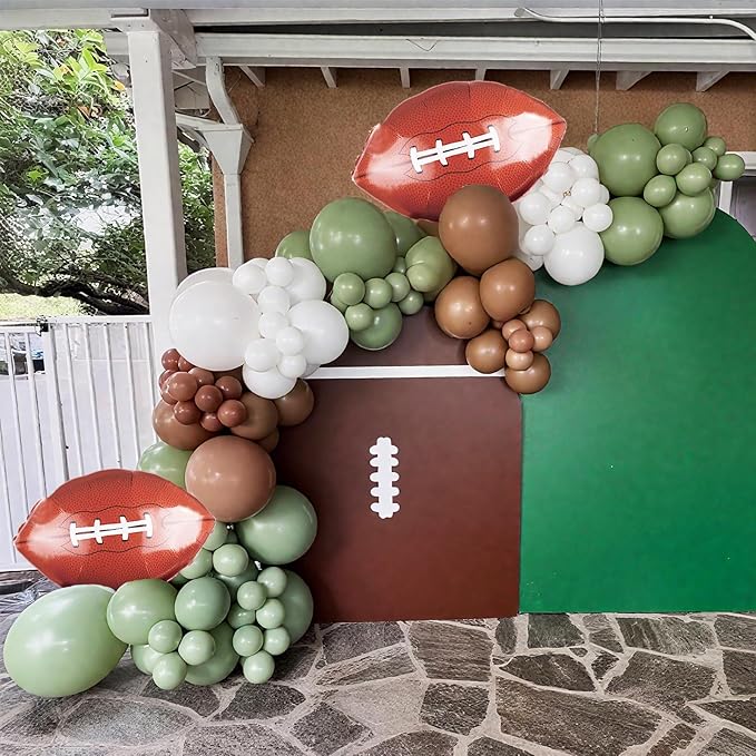 Football Balloons, 12 Inch Sage Green White Brown Football Printed with Football Foil Balloon For Boys Game Sports Birthday Party Football Themed Decorations