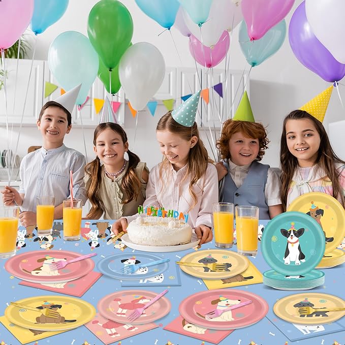 98Pcs Pet Dog Birthday Party Supplies Retro Puppy Themed Paper Plates Napkins Puppy Party Tableware Tablecloth Disposable Pet Dog Decorations Dinnerware for Kids Birthday Baby Shower Table Decor