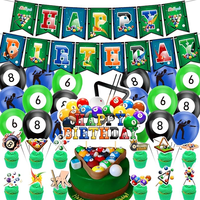 Billiards Party Decorations Billiards Birthday Party Supplies Includes Billiards Happy Birthday Banner, Cake Topper, Cupcake Toppers, Balloons for Billiards Theme Party Sports Party