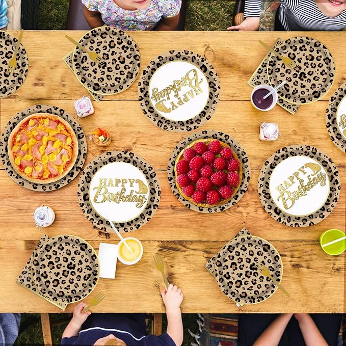 Grencian 96 Pcs Cheetah Print Birthday Decorations Leopard Print Party Supplies Brown Leopard Plates and Napkins Safari Themed Paper Plates for Birthday Jungle Safari Cheetah Theme Party Serves 24