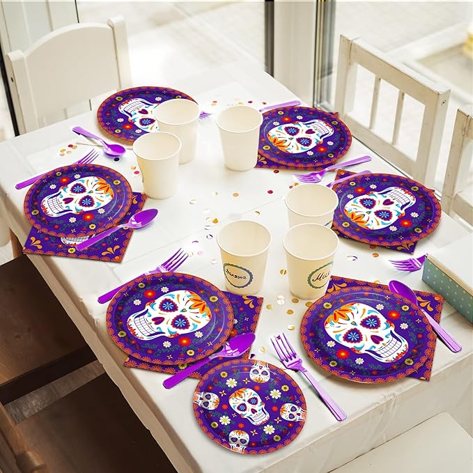 96 Pcs Day of The Dead Tableware Set Colorful Skull Marigold Decors Mexican Fiesta Theme Party Dessert Plates Napkins Forks for Day of The Dead Party 24 Guests