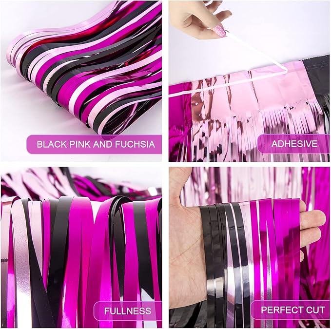 LOLStar 3 Pack Cartoon Mouse Birthday Party Supplies,3.3x6.6 ft Black Pink Fuchsia Tinsel Foil Fringe Curtains,Cartoon Mouse Photo Booth Prop Streamer Backdrop, Kawaii Party Decoration for Girls Baby