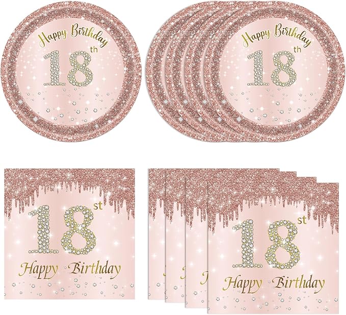 40PCS 18th Birthday Decorations for Girls Rose Gold Birthday Party Decorations Supplies Included Paper Plates and Napkins Happy 18 Years Birthday Party Tableware Set for 24 Guests