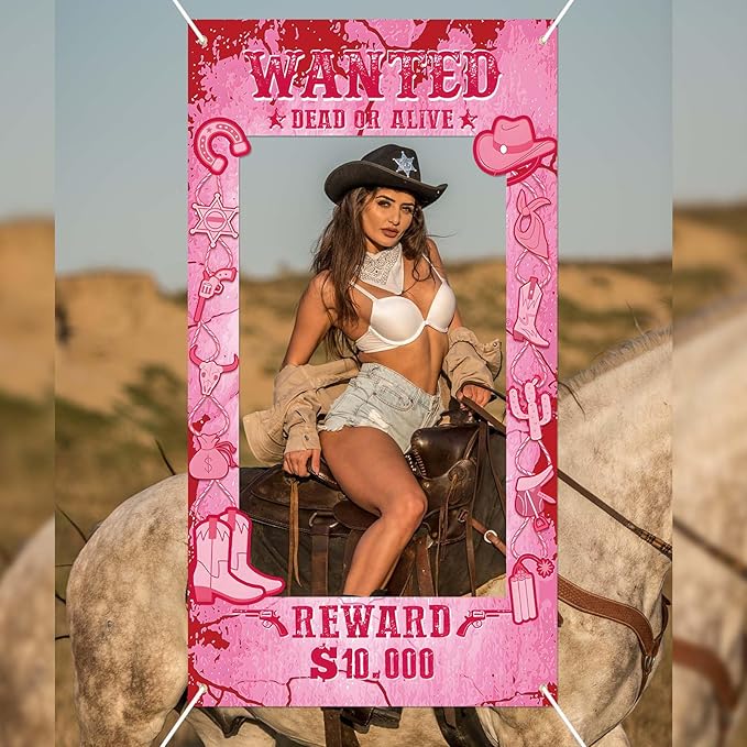 Cowgirl Party Decorations Pink Western Photo Booth Wanted Poster Photo Prop Photos Frame Banner for Wild West Birthday Decoration Supplies (Pink)