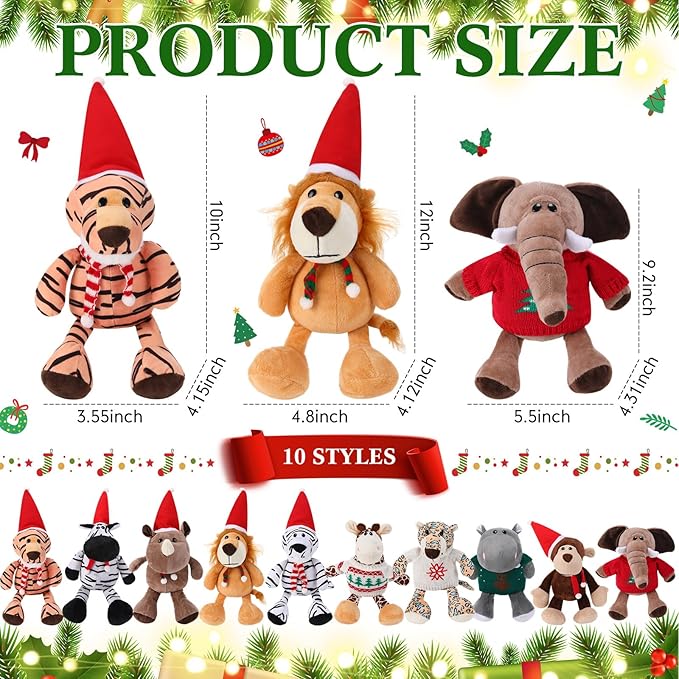 HyDren 10 Pieces 9 Inches Safari Stuffed Animals Set and Elephant Giraffe Lion Tiger Monkey Rhinoceros Zebra Leopard Hippo for Shower Jungle Animal(Christmas)