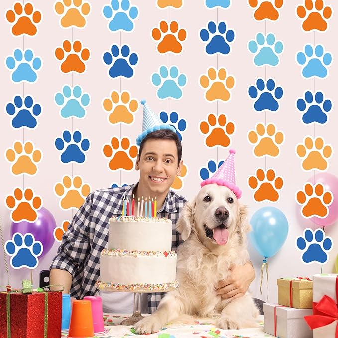 Duraaamo 8 Packs Dog Party Banner Decorations Blue Paw Print Paper Garland Dog Birthday Paper Hanging Cutouts Colorful Paw Banners for Lets Pawty Pet Birthday Party Supplies Decor(Light Paws)