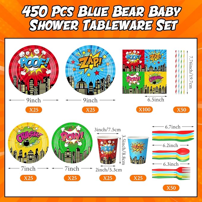 450 Pcs Hero Theme Tableware Set Decorations, Hero Action Themed Disposable Paper Plates Napkins Cups Cutlery Straws for Comic Birthday Baby Shower Party Supplies, Dinnerware Serves 50
