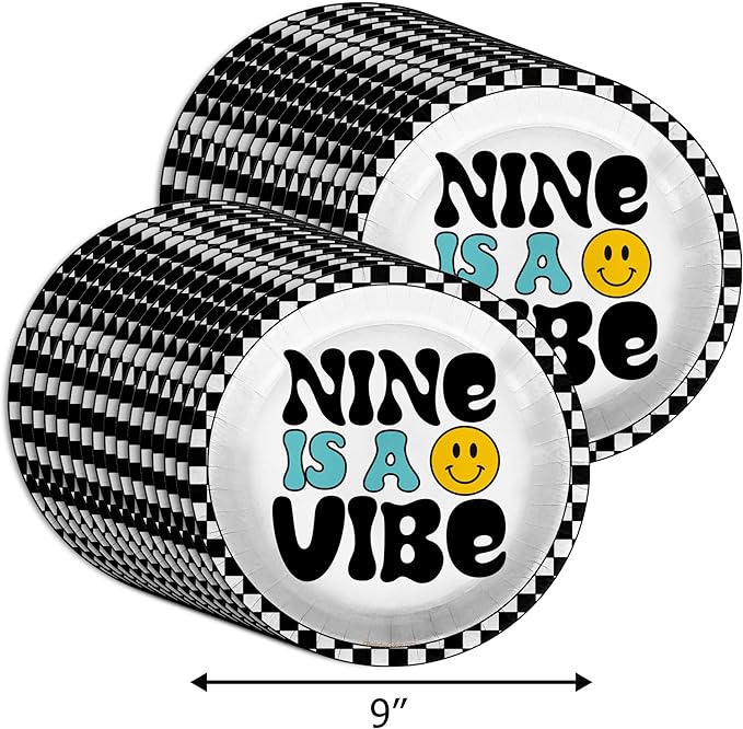 Nine is a Vibe Smiley Face Ninth Birthday - 32 Piece Disposable Party Supplies - Decorations for 9th Birthday Round Party Plates - Large 9" Paper Plates In Bulk