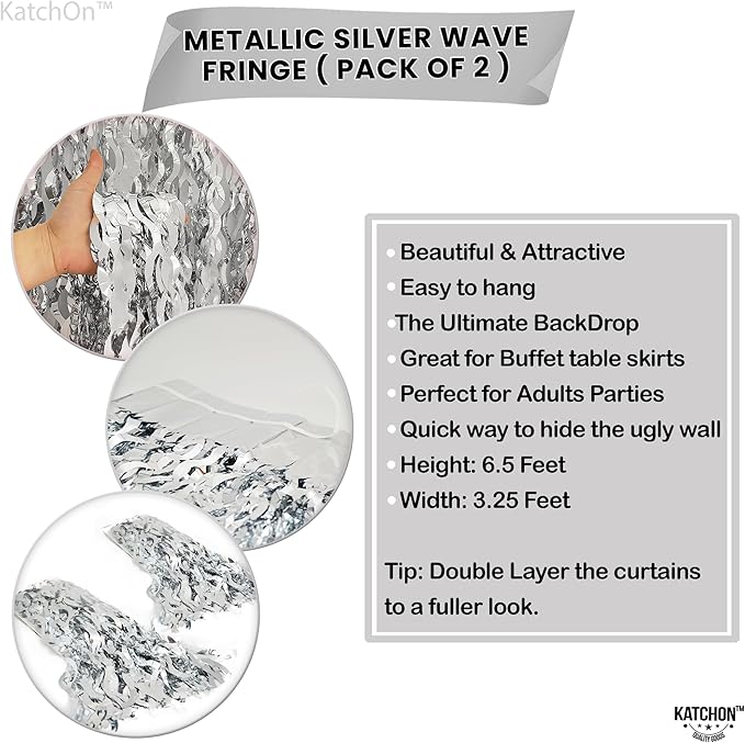 KatchOn, XtraLarge Wavy Silver Backdrop Curtain - Pack of 2 | Silver Streamers Backdrop for Disco Party Decorations | Fringe Curtains for New Years Decorations 2026 | Birthday, Engagement Decoration