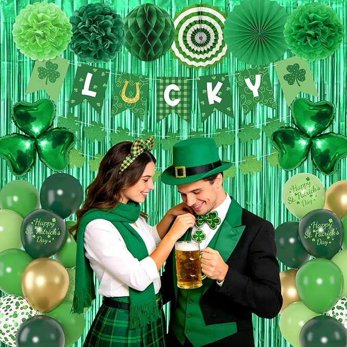 Green Party Decorations, Green Gold Printed Confetti Heart Balloons St Patricks Day Glitter Shamrock Garland Lucky Banners Foil Curtain Paper Fan Pompoms for Home Party Saint Patricks Party Supplies
