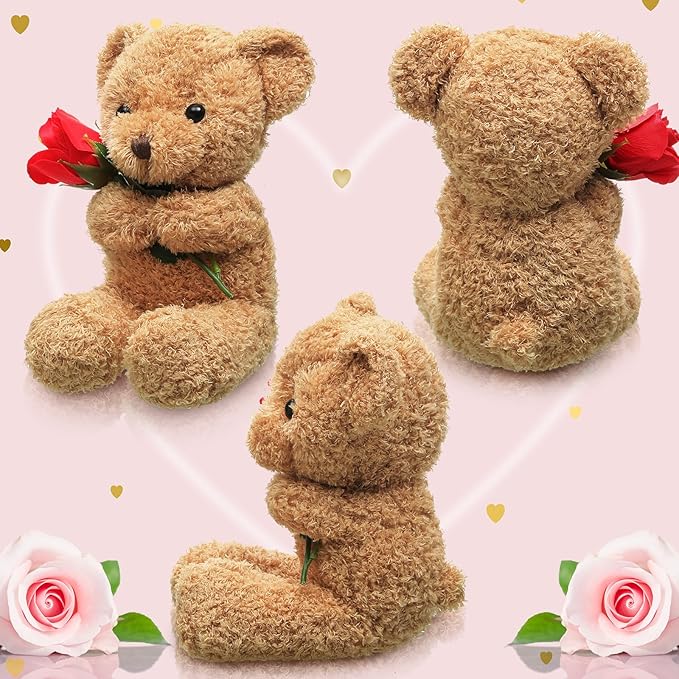 Civaner Bear Stuffed Animal Gift with Rose Funny Cute Bear Stuffed Animal Plush Gift for Mother Day Mom Birthday Wedding Christmas, 11.8 Inches(Beige)
