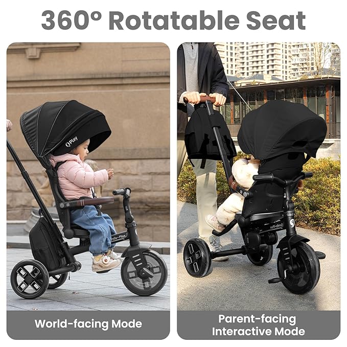 QPlay Toddler Bike Stroller for Baby 10 Months to 6 Years Old, 8-in-1 Foldable Stroller Bike for Toddlers 3-5 Boys & Girls Gifts Trike — Adjustable Handle, Triple Footrest, Canopy & Storage Bag