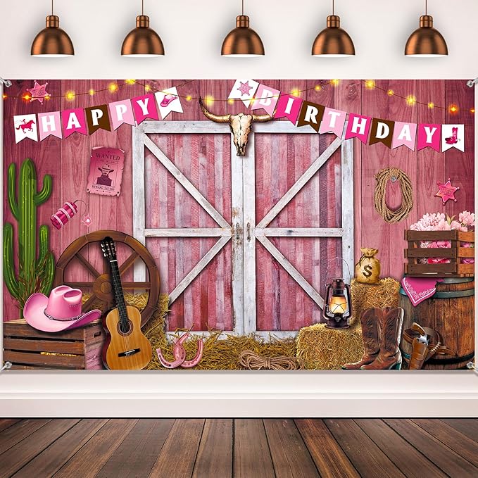 Breling Western Cowgirl Birthday Banner Cowboy Backdrop Photography Booth Prop Pink Cowgirl Party Background for Girls Cowboy Birthday Baby Shower Party Decorations Supplies, 71 x 43 Inch