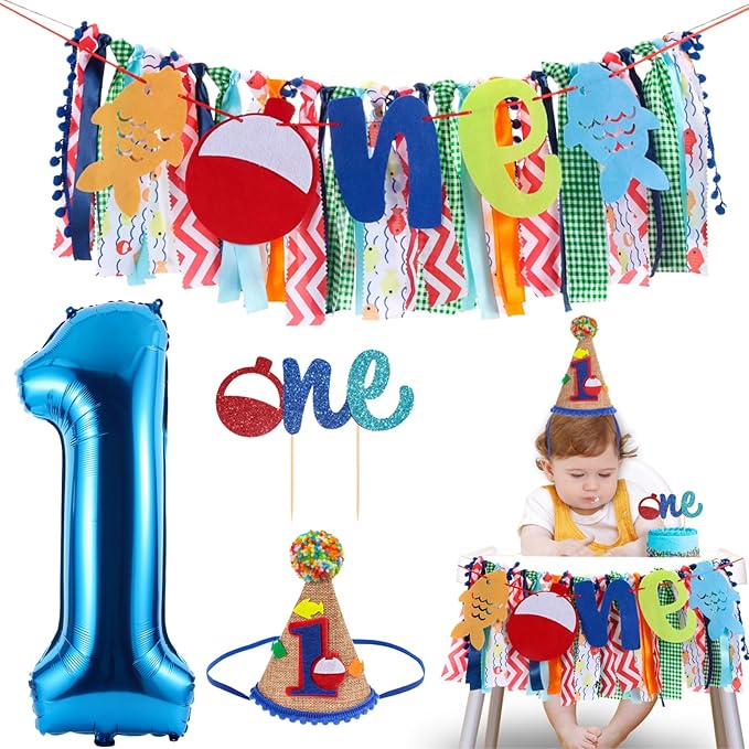 Ofishally Highchair Banner for Baby First Birthday Party Decorations Gone Fishing High Chair Tassel Garland Banner Ofishally One Birthday Party Fabric Banner for Boy 1st Bday Photo Props Backdrop Decors