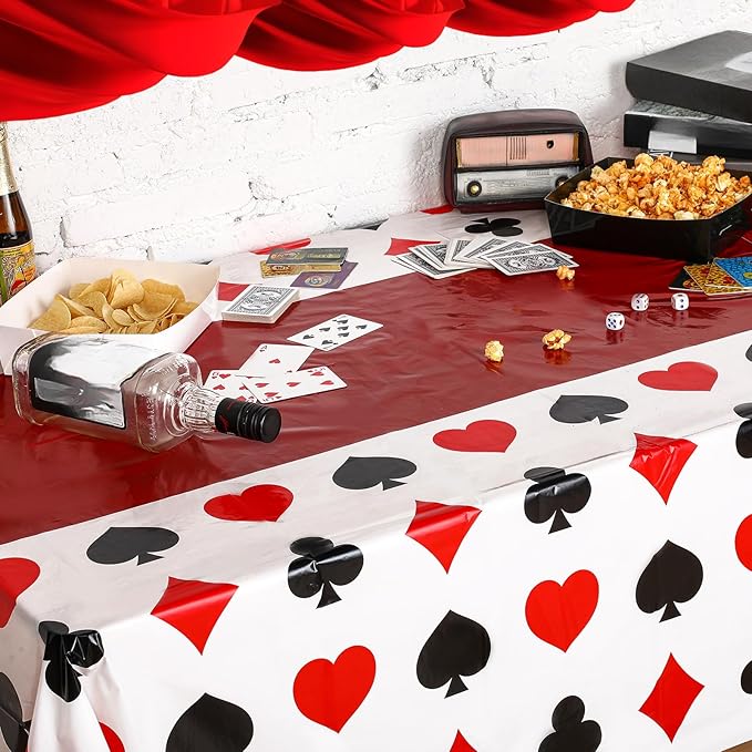 Hosuly 3 Pcs Casino Theme Party Decorations Poker Tablecloth Poker Plastic Disposable Table Cover Casino Theme Tablecloth for Game Birthday Playing Card Party Picnic Supplies, 51 x 108 Inch (Classic)